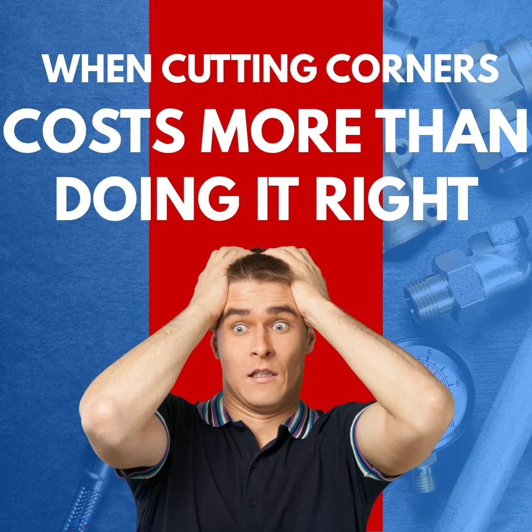 Article cover reading "When cutting corners costs more than doing it right", over a plumber holding his head in his hands