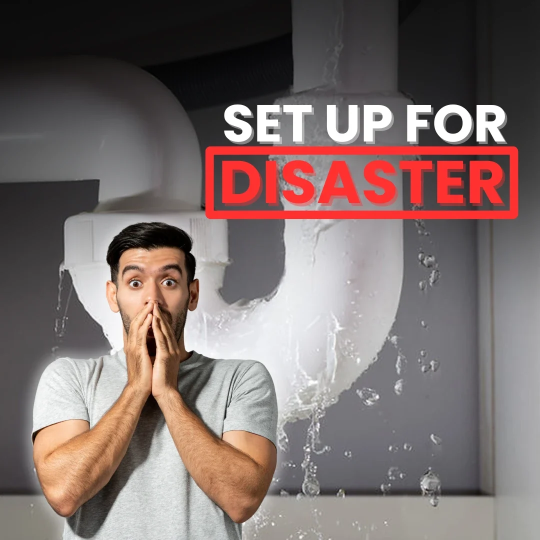 Article cover reading "Set up for disaster", over a plumber reacting to water pouring from a failed waste pipe