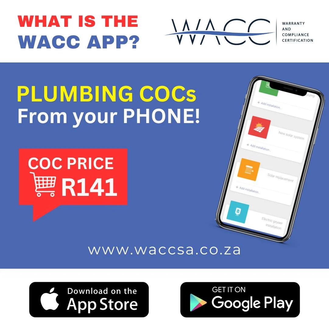 Article cover reading "What is the WACC app? Plumbing CoCs from your phone, CoC price R141", with the app shown on a phone